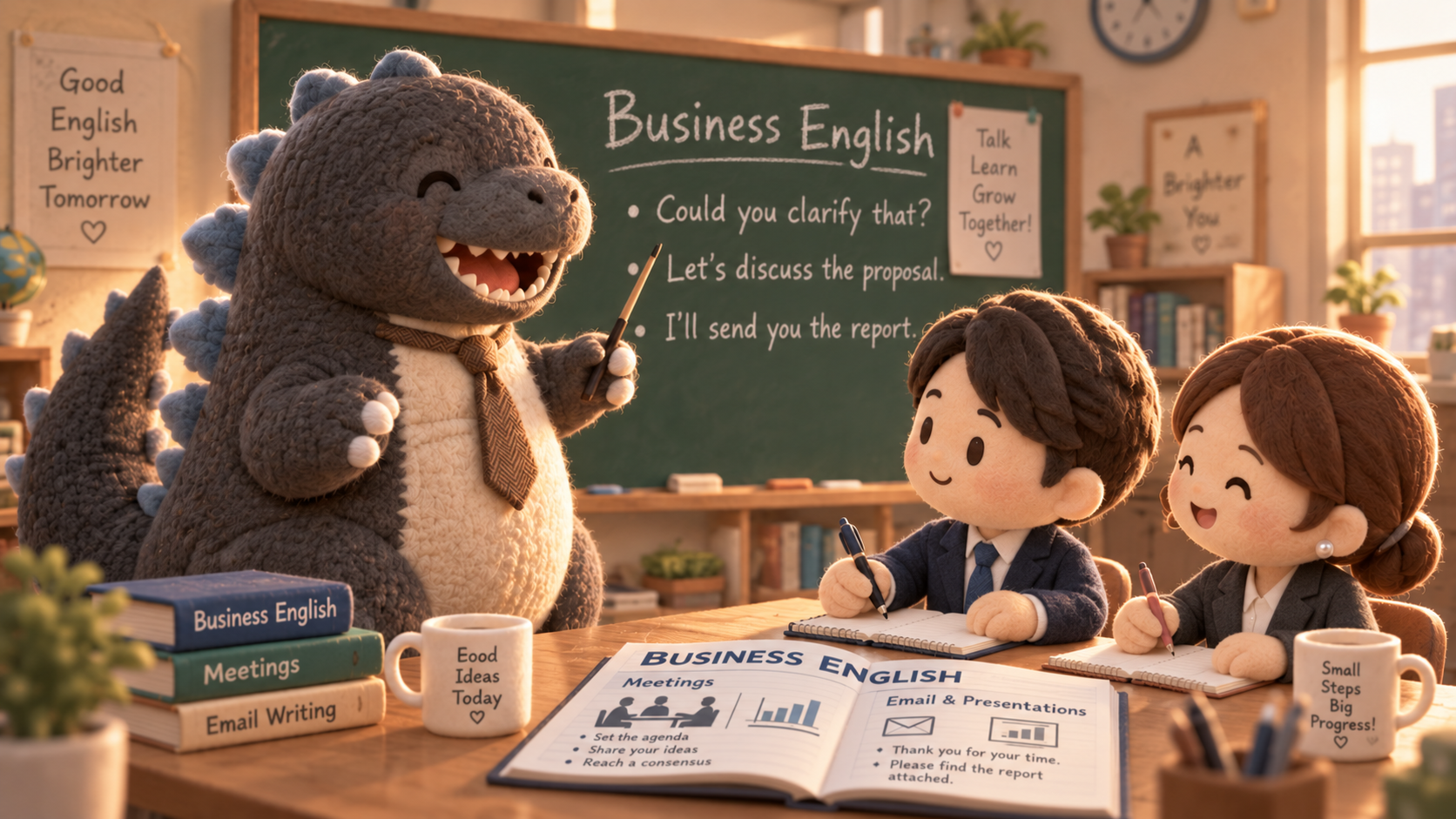 毛糸人形の怪獣先生と大人の生徒が英語を学ぶ教室